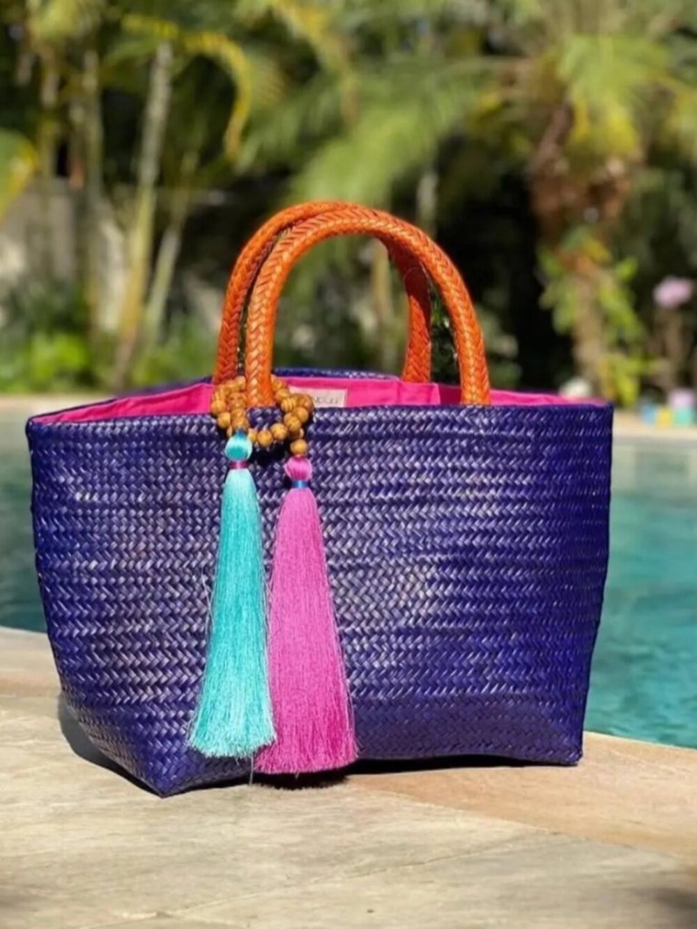 Tropical Charm Natural Handwoven Purple Straw Bag – Artisanal Tote with Tassels
